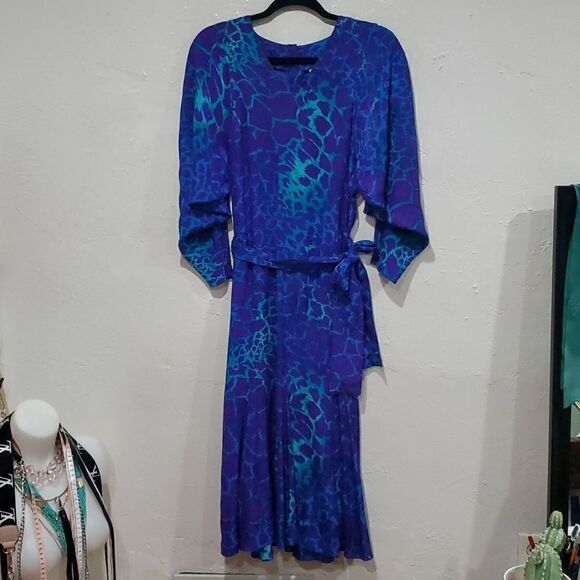 Vintage 80s Nora Noh 100% Silk Midi/Maxi Dress With Batwing Sleeves - Picture 1 of 16